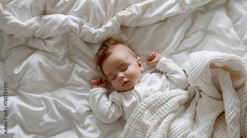 A serene scene of a baby peacefully sleeping on a white bed swaddled in soft blankets with the gentle folds of the bedsheet creating a sense of tranquility.