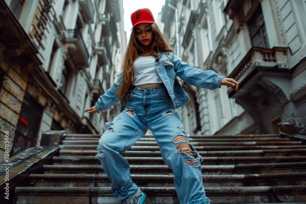 Urban vibes: Young female hip hop dancer strutting down city stairs