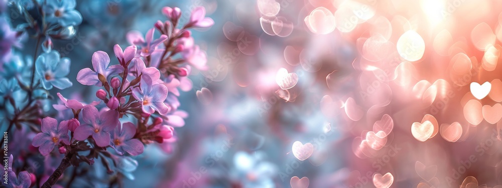 Fototapeta premium serene split background in pastel shades of lilac and light turquoise, adorned with dainty heart-shaped light elements.