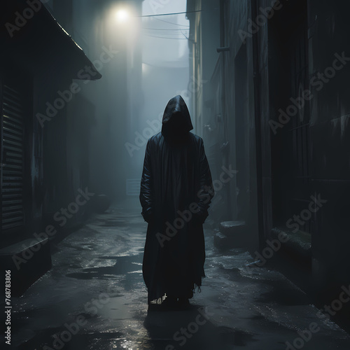 Enigmatic hooded figure in a misty alleyway. 