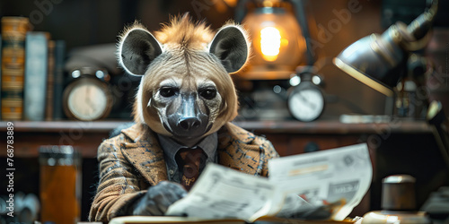 Sophisticated Hyena in Tweed Suit Reviews Financial News at Vintage Desk Banner