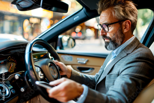 Businessman multitasking: Using tablet while sitting at steering wheel in car © Fernando Cortés