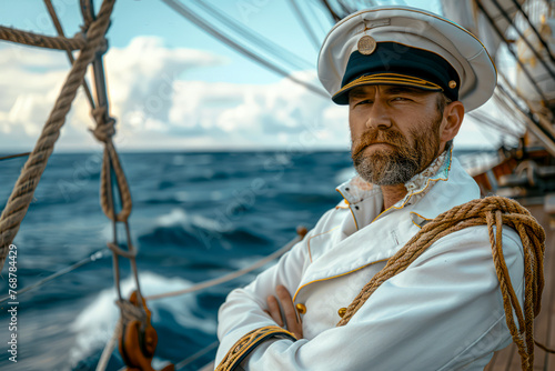 Adventurous Caucasian Captain navigating the open sea, commanding from the deck