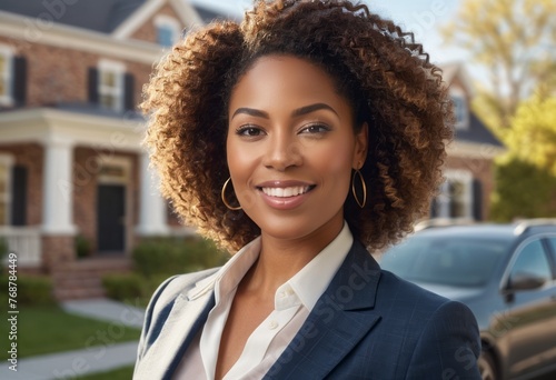 A professional woman standing outdoors, with a residential backdrop, possibly visiting a client's home or on a field assignment.