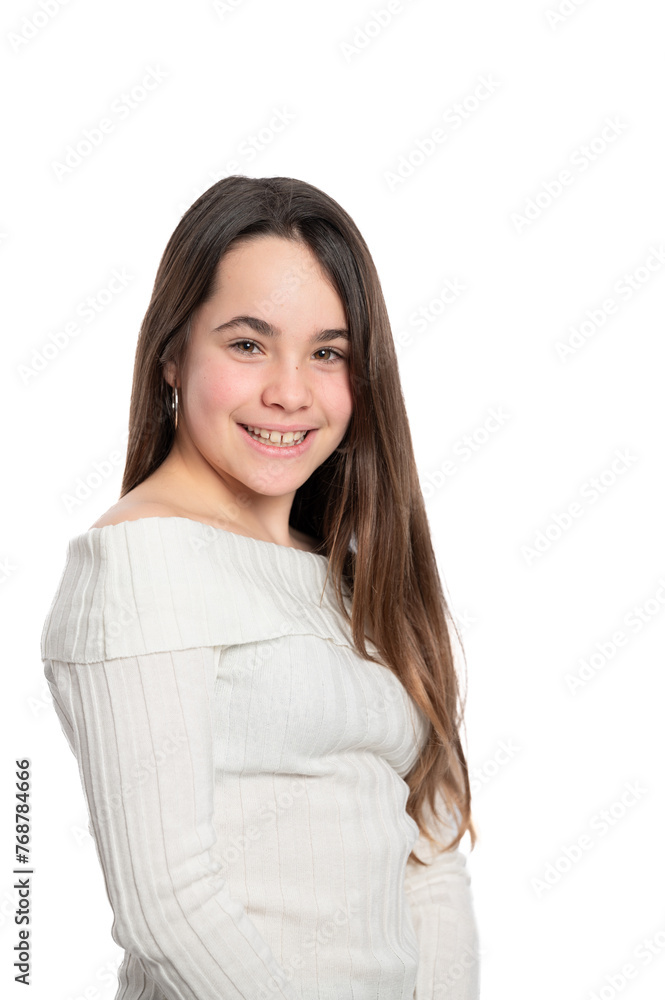 A girl is smiling and wearing a white sweater A girl is smiling and wearing a white sweater