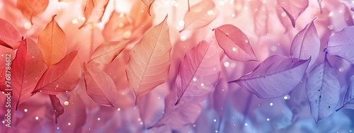 split background in pastel shades of peach and lavender, with delicate leaf-shaped light shapes scattered throughout.