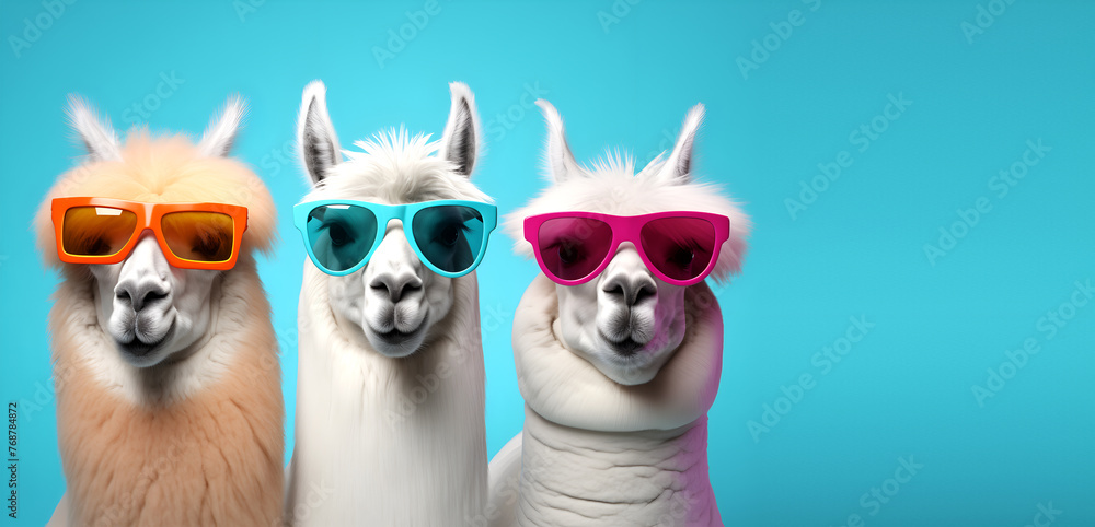 Creative animal concept. Group of llama friends in sunglass shade glasses isolated on solid pastel background, commercial, editorial advertisement, copy text space	
