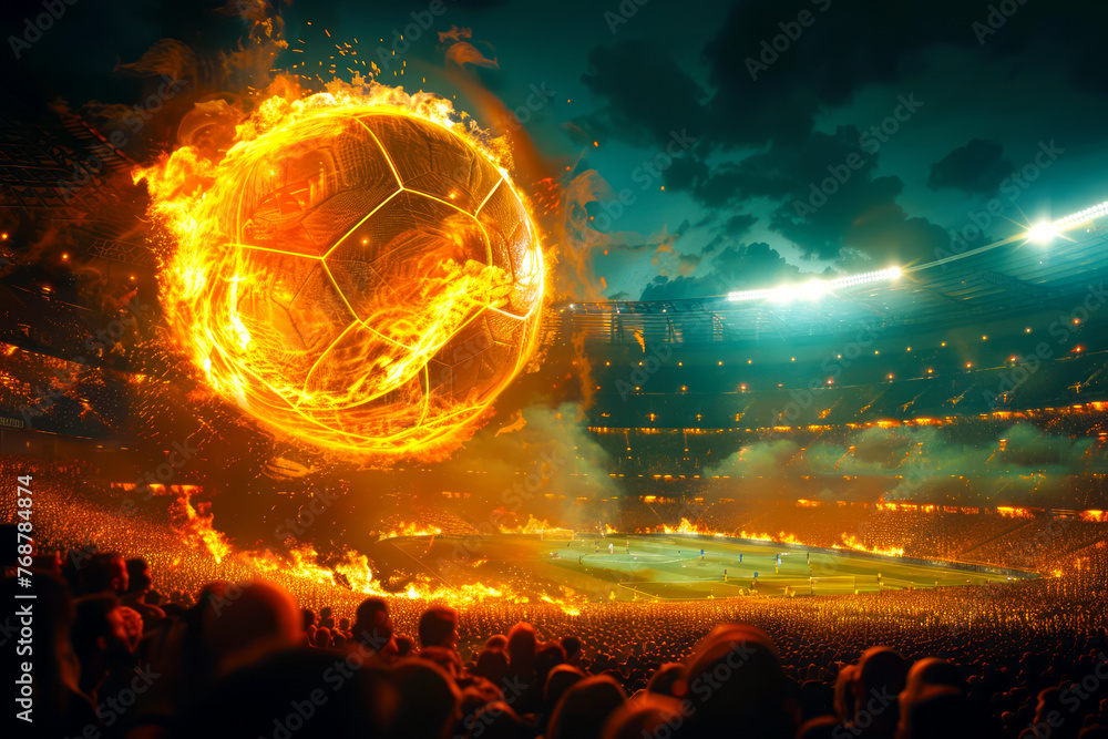 Flaming Soccer Ball Soaring Through Nighttime Stadium Packed with Fans