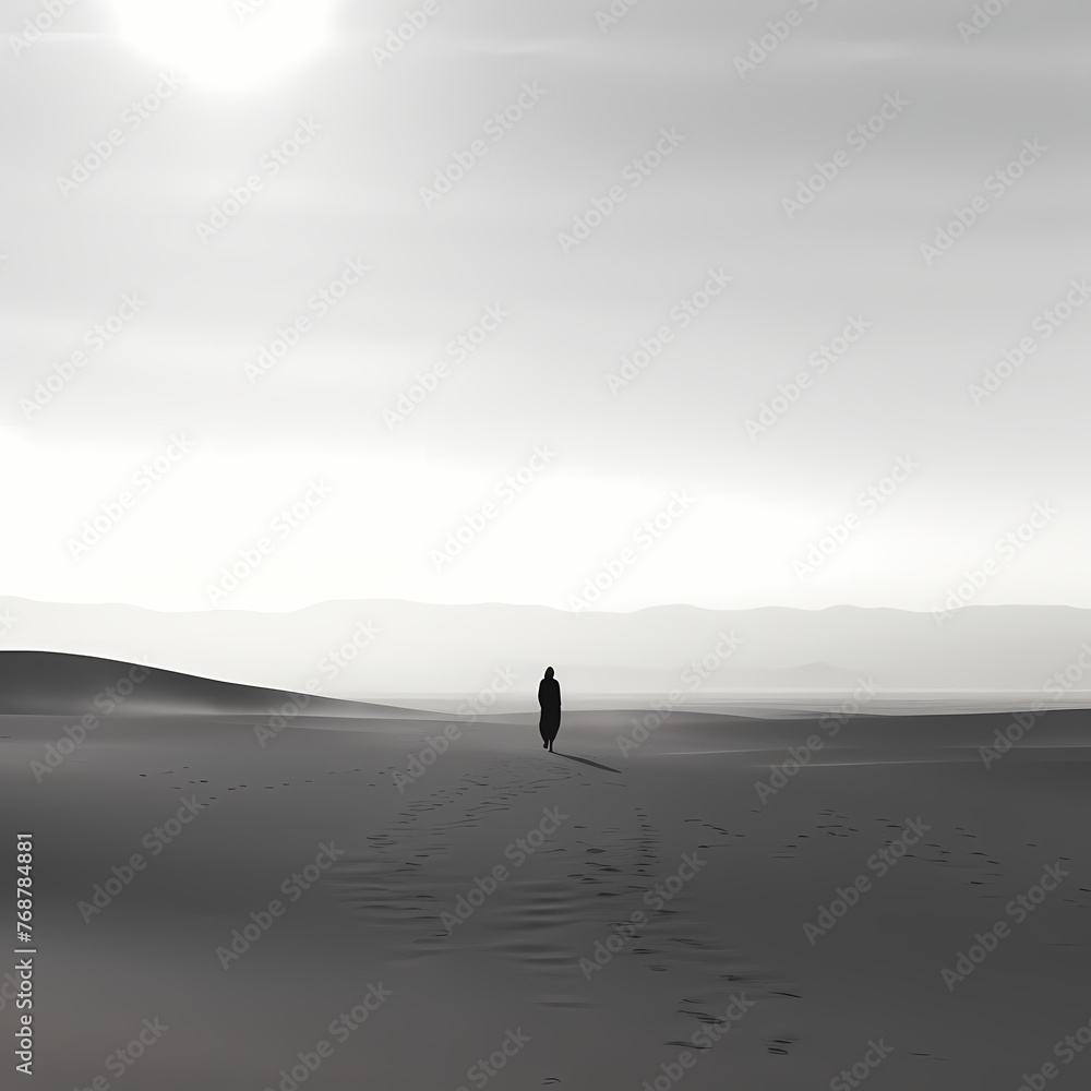 Grayscale silhouette of a lone figure in a vast desert
