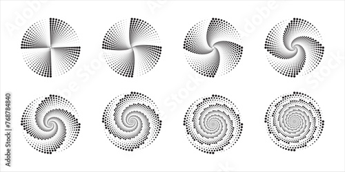 Circular ripple icons. Concentric circles with swirled polka dot lines isolated on white background. Vortex, sonar wave, soundwave, whirlpool, black hole signs. Vector graphic illustration