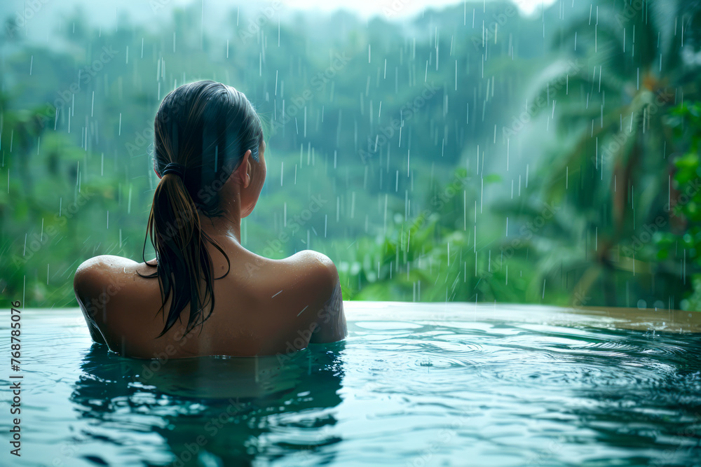 Tropical Bliss: Joyful woman embraces warm rain in infinity pool with jungle views.