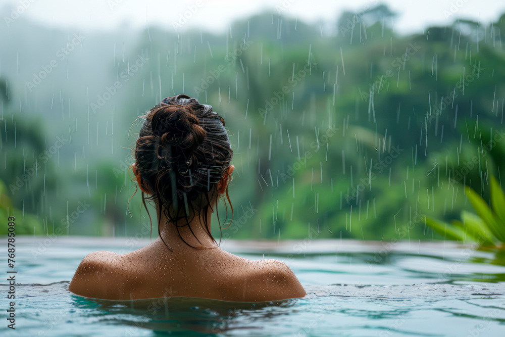 Tropical Bliss: Woman Delights in Warm Rain Shower in Infinity Pool with Jungle View