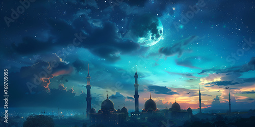 Ramadan Kareem With Beautiful Blue Crescent Moon And Mosque Background