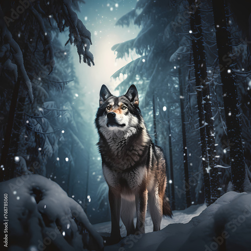 Lone wolf under a full moon in a snowy forest. 