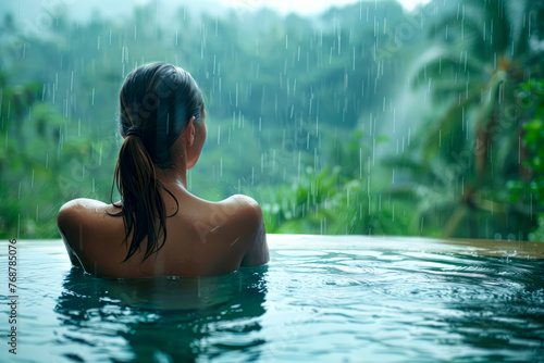 Tropical Bliss: Joyful woman embraces warm rain in infinity pool with jungle views.