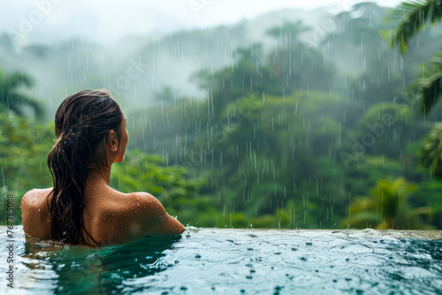 Tropical Bliss: Woman Delights in Warm Rain While Swimming in Jungle Infinity Pool