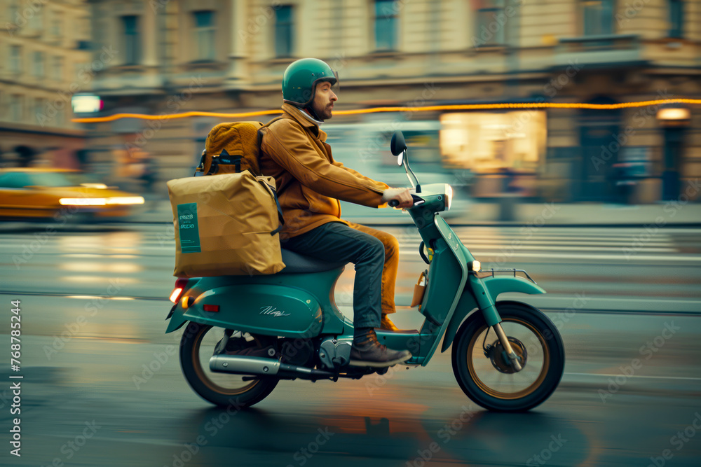 Speedy urban delivery: Man zipping through city streets on green moped with cube-shaped bag to find delivery address.