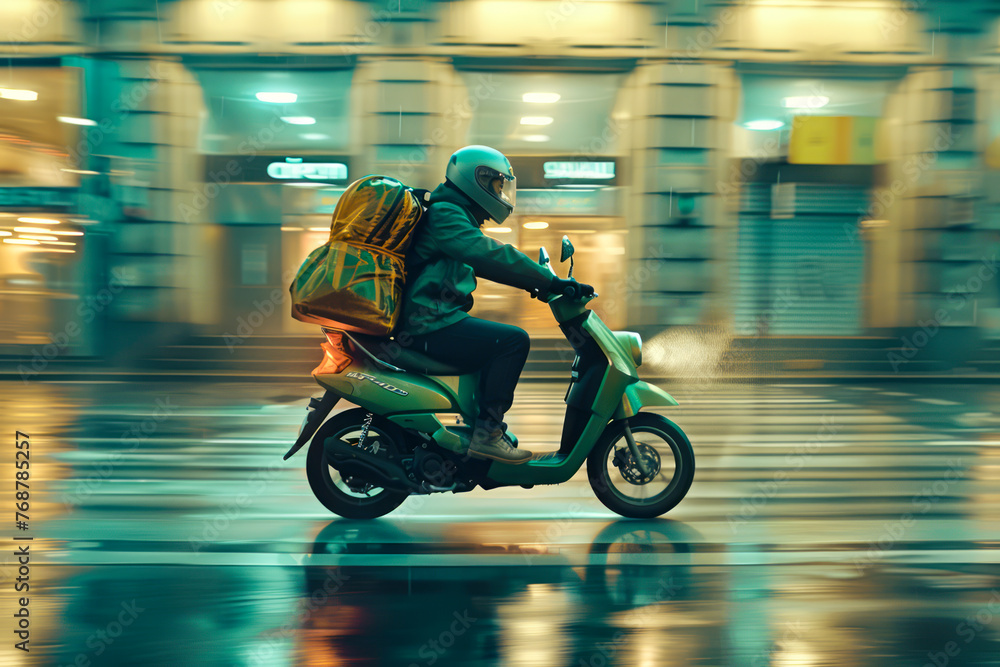Speedy Delivery: Urban Courier Racing Through City Streets on Green Moped with Cube-Shaped Delivery Bag