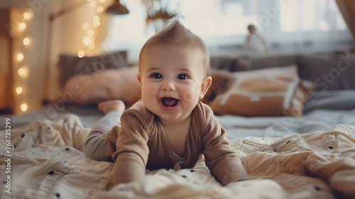 Newborn baby smiling in bed at home. Happy and healthy children. Ai