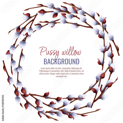 Spring background with pussy willow branches. Postcard, banner for Easter. Spring time. Frame for decoration and design of invitations, flyers, etc.