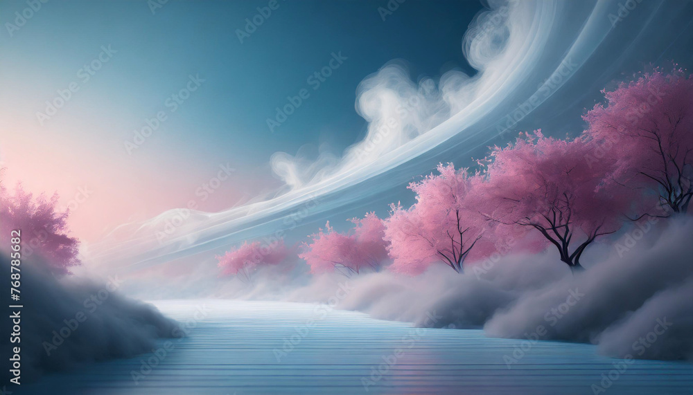 light blue backdrop with swirling white smoke and gentle pink hues, evoking tranquility and mystery