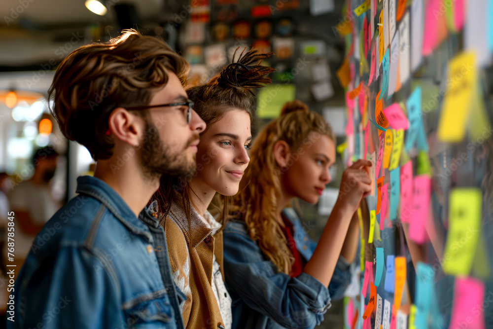 Creative Team Brainstorming: Young Marketing Experts Collaborating on Projects with Post Stickers on Wall.