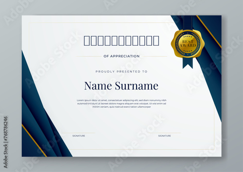 Blue white and gold vector flat and gradient modern certificate template for corporate or awards. For appreciation, achievement, awards diploma, corporate, and education