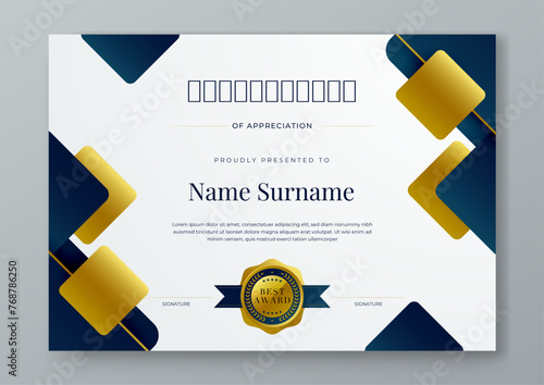 Blue white and gold vector award certificate template fancy modern abstract for corporate. For appreciation, achievement, awards, education, competition, diploma template