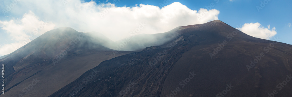 Mount Etna in Italy, Sicily. Climb Etna volcano to the top. Banner Web with copy space.