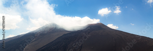 Mount Etna in Italy, Sicily. Climb Etna volcano to the top. Banner Web with copy space.