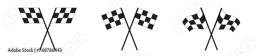 Set of crossed race flags with checkered black and white pattern. Start or finish symbols on sport car competitions. Rally or motocross props. Victory, trophy or success signs. Vector illustration