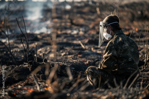 individual wearing a protective mask surveying burnt land
