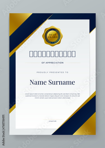 Blue white and gold certificate of appreciation border template with luxury badge and modern line and shapes. Certificate of achievement, awards diploma, education, school