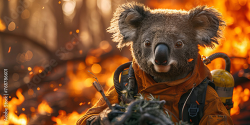 Brave Koala Firefighter Heroically Battles Blazing Wildfire: Inspirational Banner of Courage
