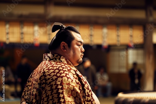 profile of a sumo wrestler in traditional dress, walking toward the dohyo photo