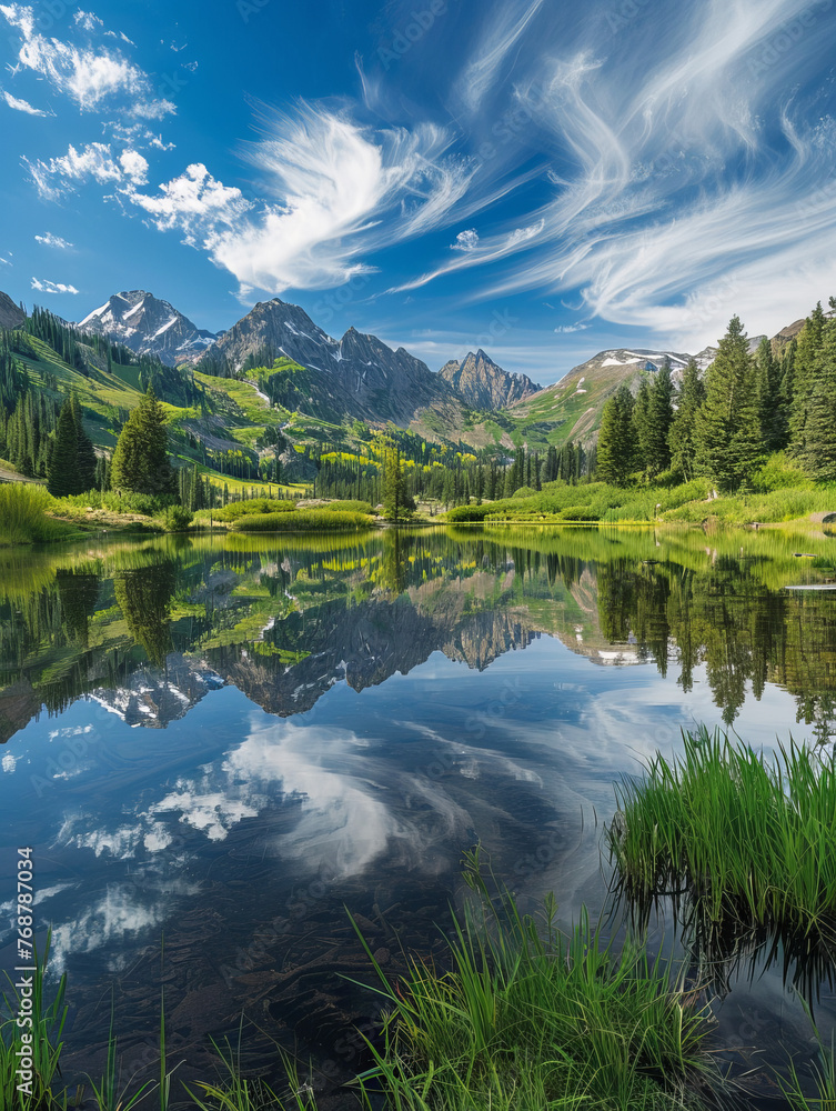A detailed, picturesque scene showing a mirror-like mountain lake encircled by green foliage and striking mountain ranges under a dynamic clouded sky