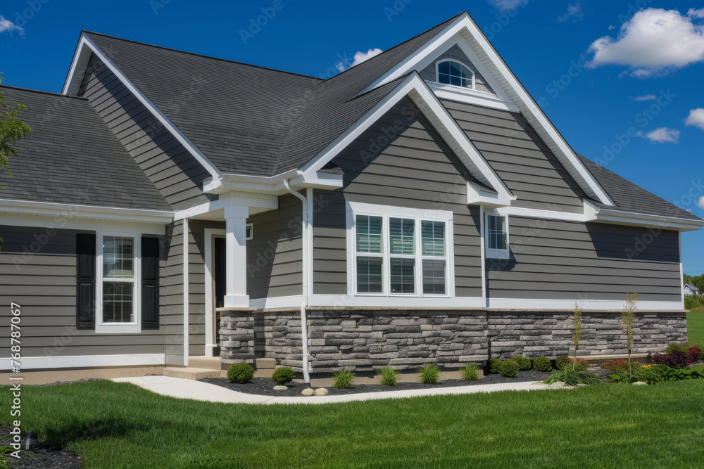 Modern suburban home with elegant design and clean landscaping on a sunny day. Modern suburban home with elegant design and clean landscaping on a sunny day.