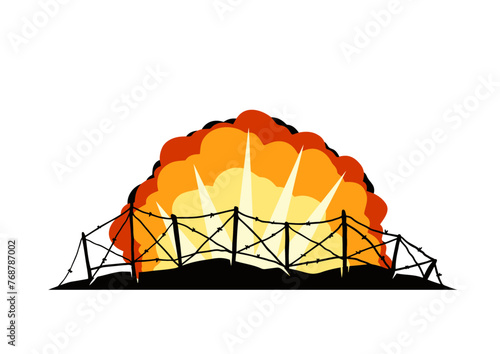 Barbed wire. Scenery of modern military conflict. Comic boom explosion. Big cartoon fireball. Fire bang and exploding. Silhouette of military barricades. Defensive fortifications.