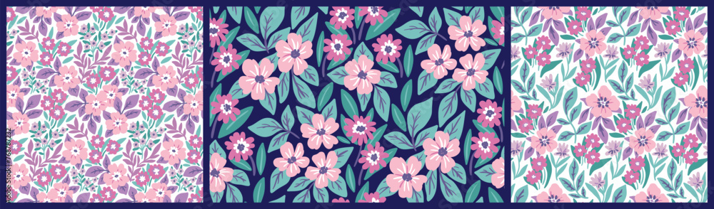 Seamless floral pattern, decorative ditsy print collection. Simple botanical wallpaper, textile design in purple colors: wild hand drawn flowers, foliage, leaves, botany abstract. Vector illustration. Seamless floral pattern, decorative ditsy print collection. Simple botanical wallpaper, textile design in purple colors: wild hand drawn flowers, foliage, leaves, botany abstract. Vector illustration.