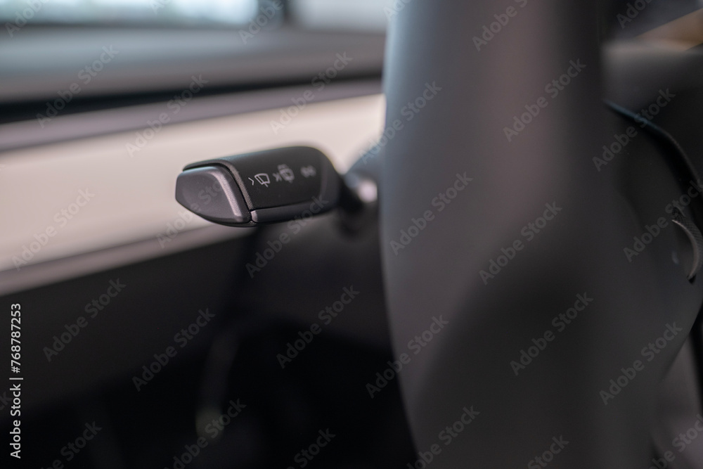 closeup indicator stalks, Interior Tesla car model Y performance, white