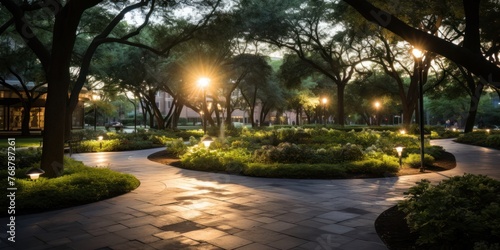 Tree-Lined Walkway Illuminated by Lights in Urban Park Generative AI
