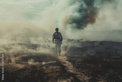 A lone figure walks through a desolate  smoky landscape  fostering an apocalyptic vibe.