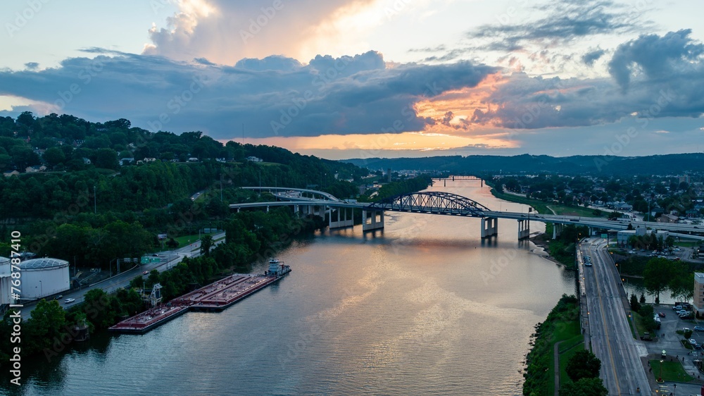 Aerial view of a sunset sky over the water in Charleston, West Virginia