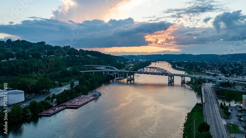 Aerial view of a sunset sky over the water in Charleston, West Virginia