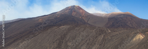 Mount Etna in Italy, Sicily. Climb Etna volcano to the top. Banner Web with copy space.
