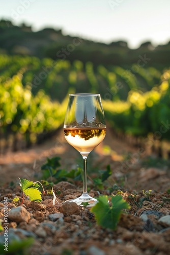 Verre de vin blanc posé dans les vignes, vignoble en arrière plan, ia générative