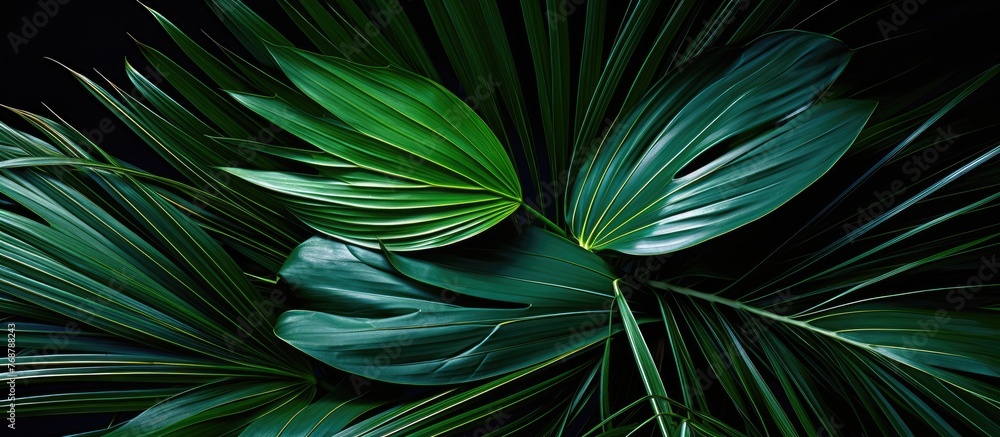 Fototapeta premium This close-up shot showcases the lush green leaves and fresh shoots of a dwarf palm plant. The intricate patterns and textures of the plant are highlighted, creating a vibrant and dynamic image.