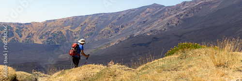 Mount Etna in Italy, Sicily. Climb Etna volcano to the top. Banner Web with copy space. © marabelo