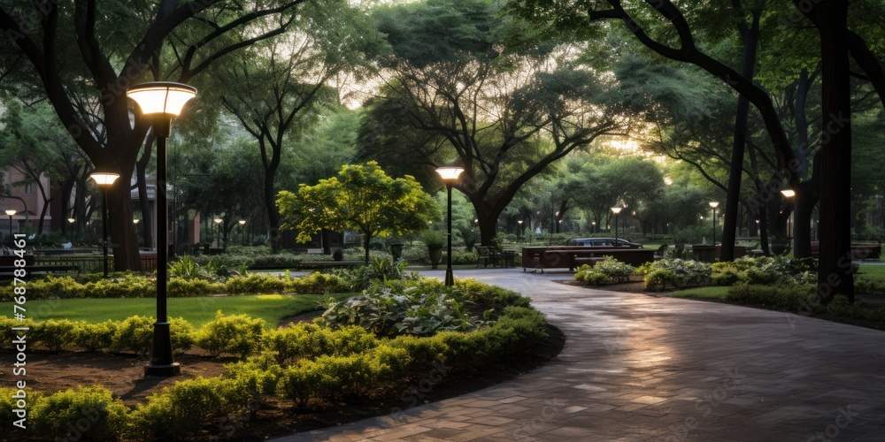 Fototapeta premium Lush Park With Trees and Benches Generative AI