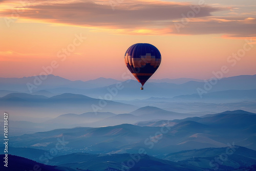 Single Hot Air Balloon Floating in the Dawn Sky: Contrasting with Distant Mountains, Symbolizing Adventure and Freedom © cwa